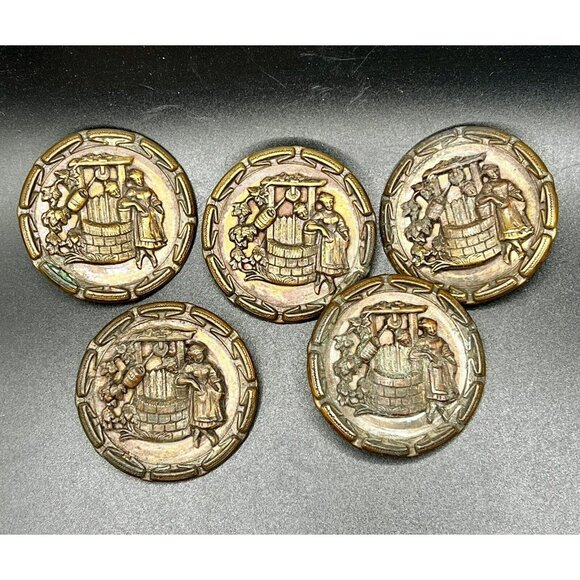 Antique Brass Button "The Wishing Well" 2-Part Rotating Large Metal Set of 5 - Picture 8 of 13